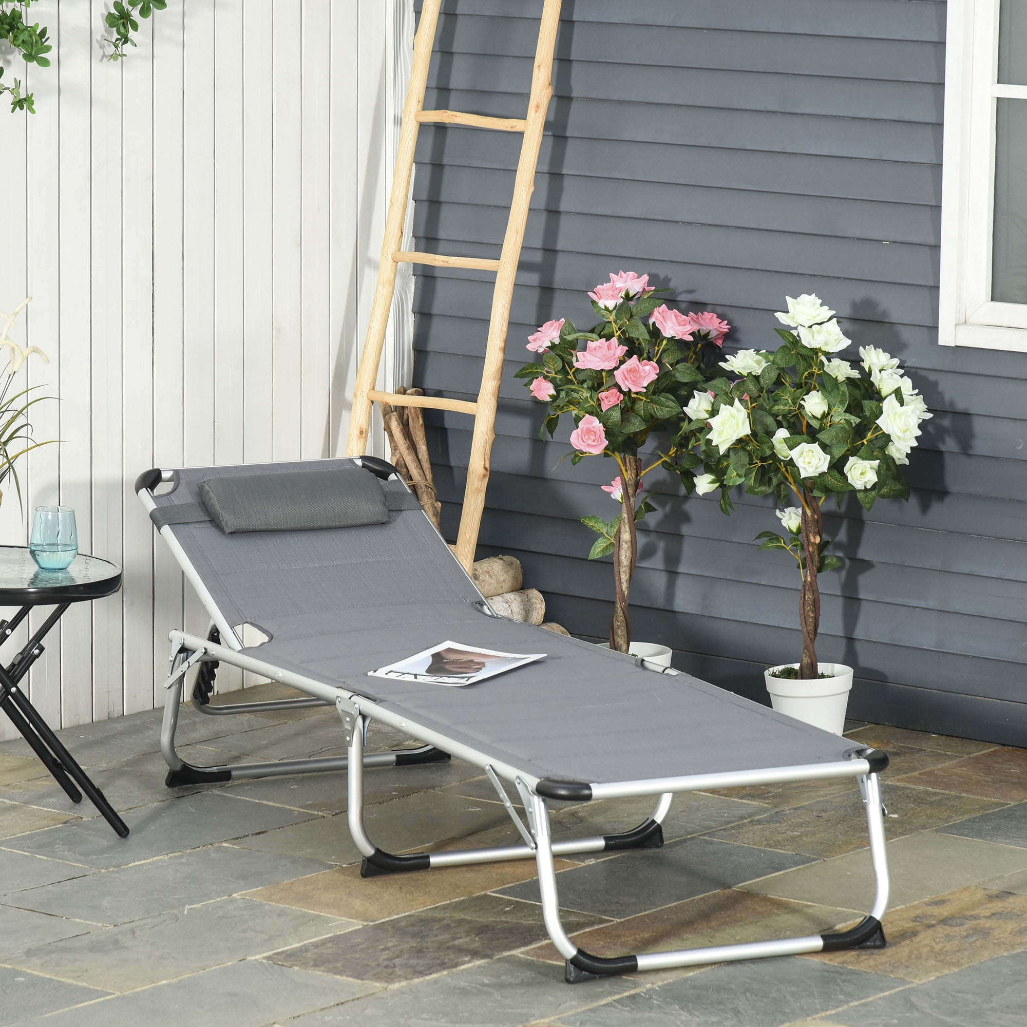 Gray Aluminum Armless Foldable Outdoor Chaise Lounge Chair