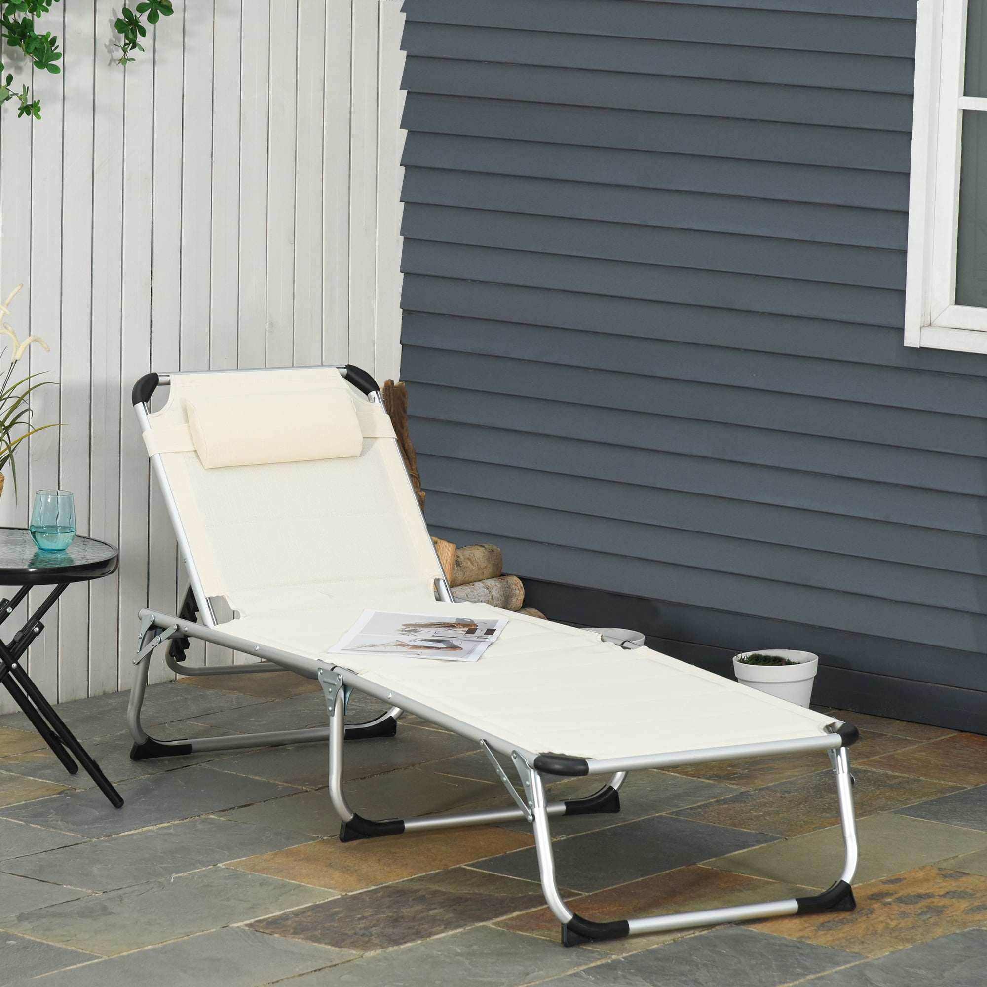 Cream White Foldable Aluminum Outdoor Chaise Lounge Chair