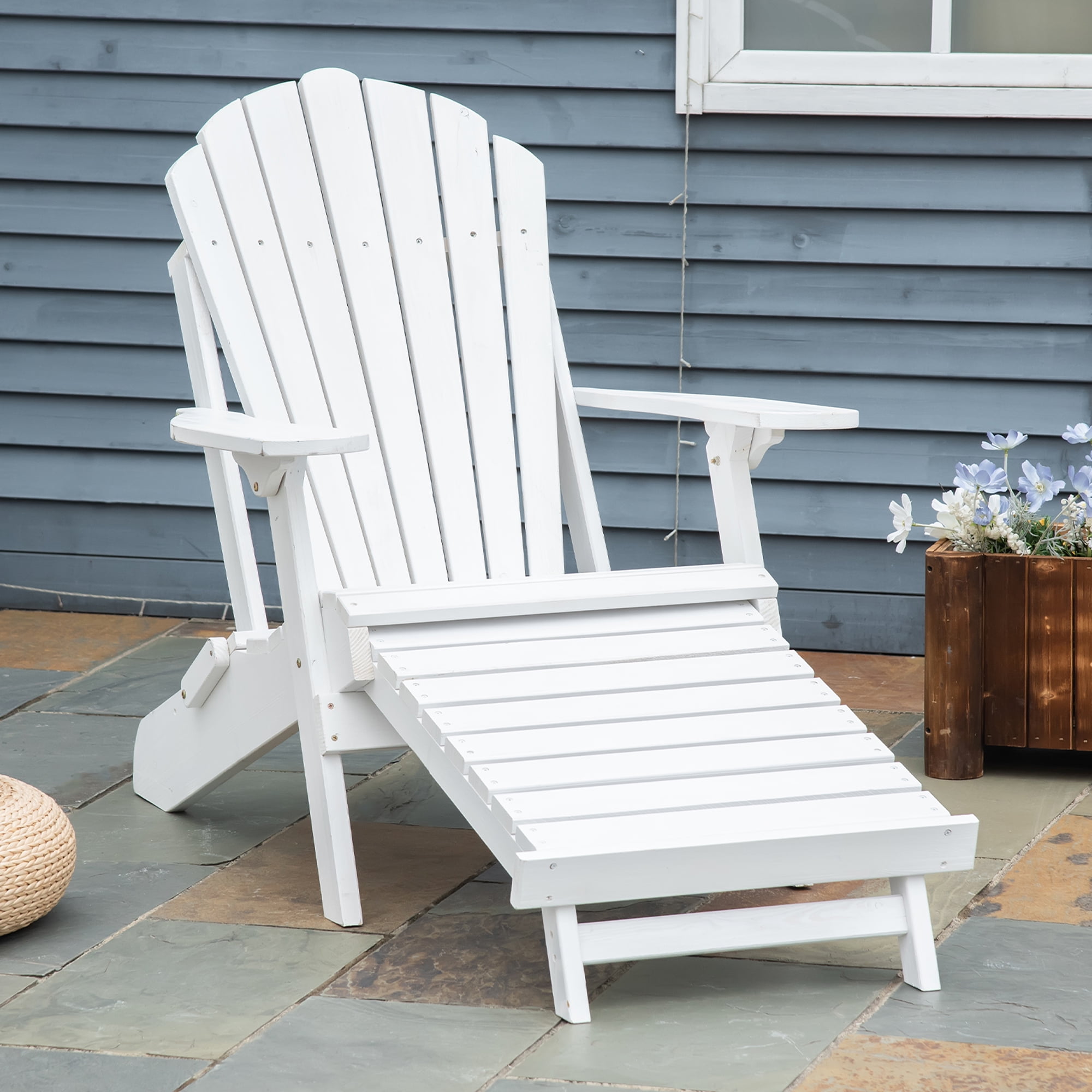 White Fir Wood Folding Adirondack Chair with Ottoman