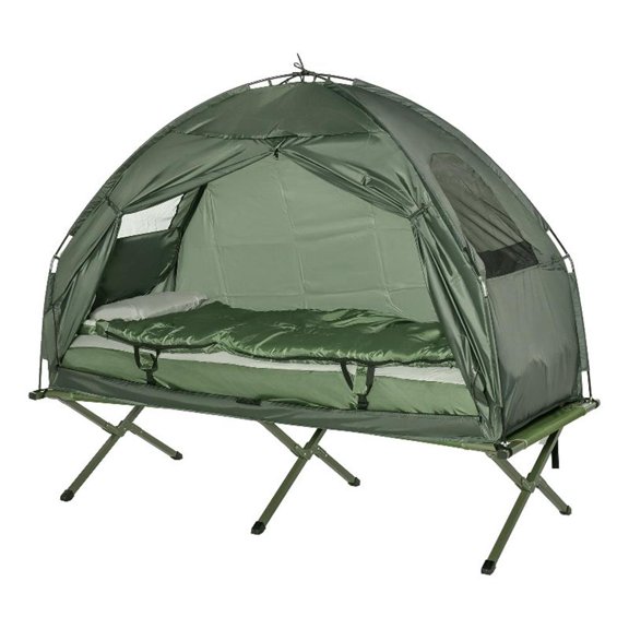 Outsunny Folding Camping Cot with Air Mattress Sleeping Bag Dark Grey Metal