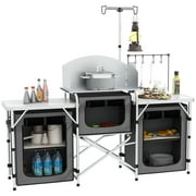 Outsunny Folding Camping Kitchen with Windshield Fabric Cupboards Gray