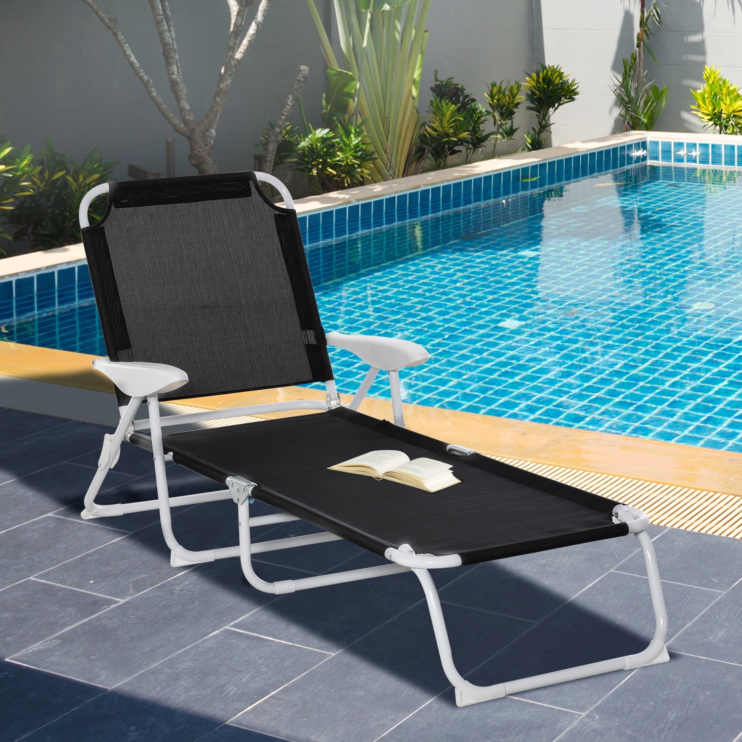 Black Mesh Fabric Folding Outdoor Chaise Lounge with Armrests