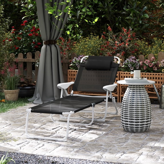 Outsunny Folding Chaise Lounge, Outdoor Sun Tanning Chair, 4-Position Reclining Back, Armrests, Mesh Fabric, Black