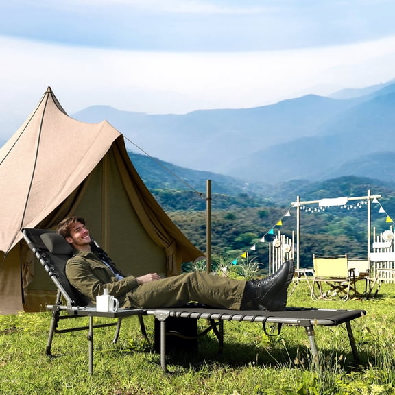 Outsunny Folding Chaise Lounge Chair Outdoor Tanning Chair with 5-Level Adjustable Back, Side Table, Pillow, Pocket for Yard, Beach, Pool, Black