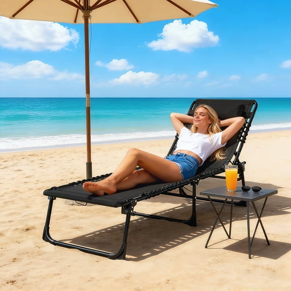 Outsunny Folding Chaise Lounge Pool Chair with 4-Position Reclining Back, Pillow, Breathable Mesh & Bungee Seat, Black