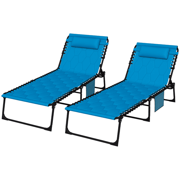 Outsunny Folding Chaise Lounge Set with 5-level Reclining Back, Outdoor Lounge Tanning Chair with Padded Seat, Side Pocket & Headrest for Beach, Yard, Patio, Sky Blue
