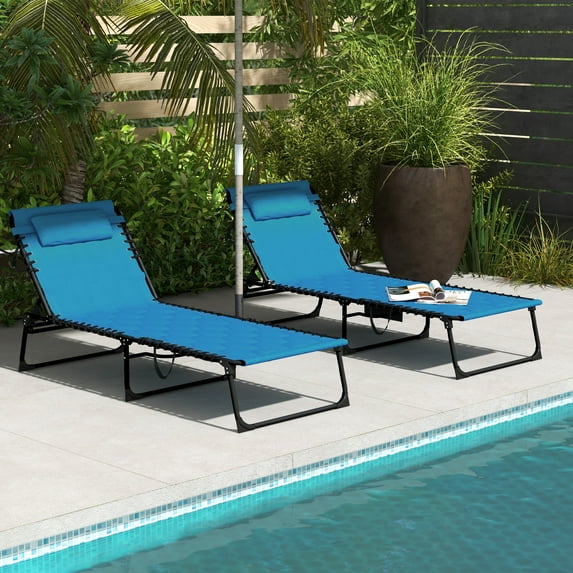 Outsunny Folding Chaise Lounge Set, Padded Reclining Tanning Chairs, Blue