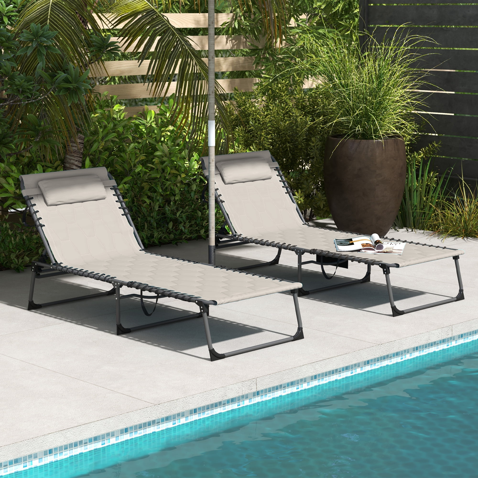Khaki Padded Folding Armless Chaise Lounge Set