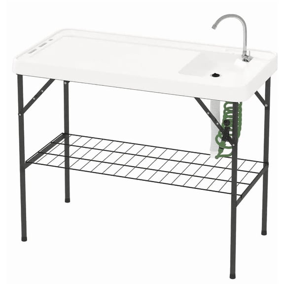 Outsunny Folding Fish Cleaning Table with Sink  Portable Camping Table with Faucet  Drainage Hose  Sprayer and Shelf  White