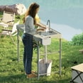 thumbnail image 1 of Outsunny Folding Fish Cleaning Table with Sinks, Outdoor Fillet Table with Faucet, Drainage Hose, Sprayer, Shelf, Drawer and Storage Basket, Tan, 1 of 9
