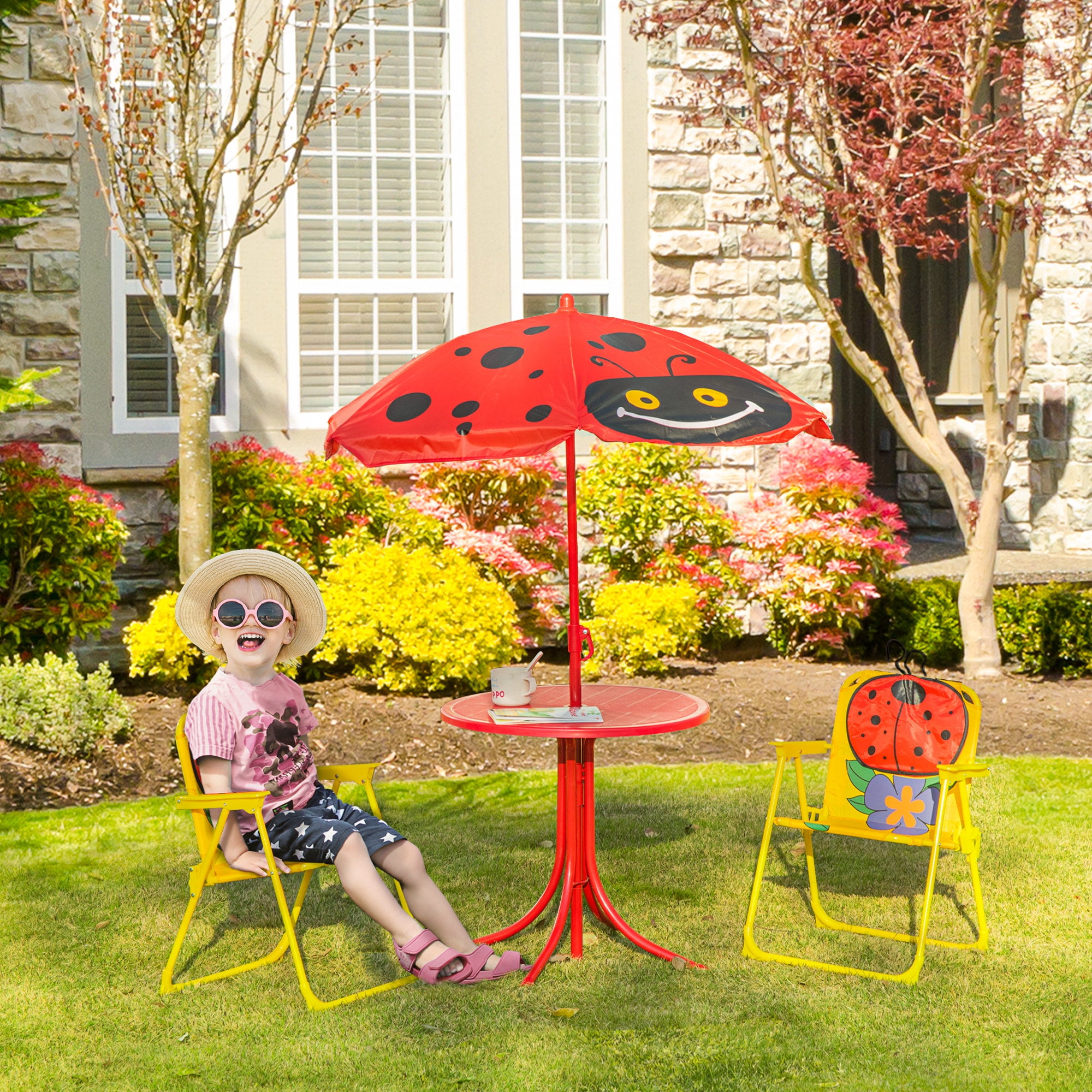 Red and Yellow Ladybird Kids Picnic Table Set with Umbrella