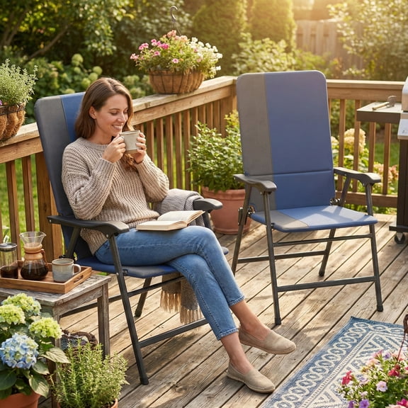 Outsunny Folding Patio Chairs Set of 2, Padded High Back Lawn Chairs with Armrests, 600D Oxford Fabric, Portable Outdoor Camping Chairs, Dark Blue
