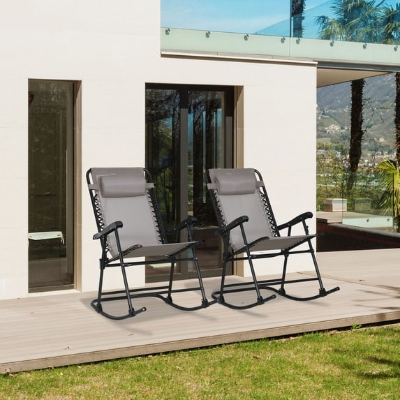 Outsunny Folding Outdoor Rocking Chair Set of 2 w/ Headrests, Gray