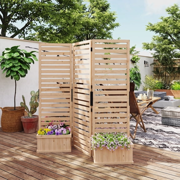 Outsunny Privacy Screen with 4 Wooden Planter Box, Flower Pot Vegetable Raised Garden Bed w/ 3 Panels and Drainage Holes for Patio, Balcony