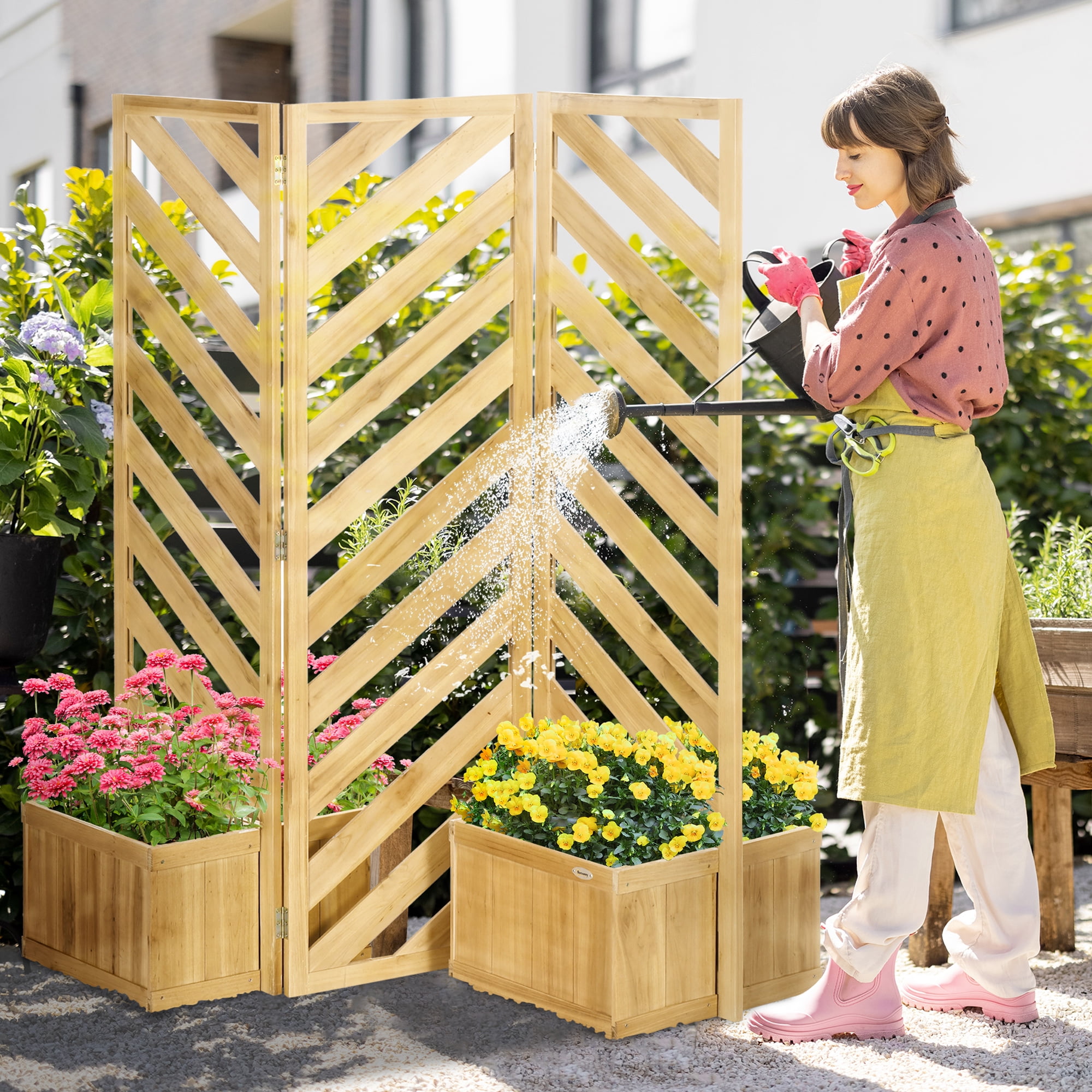 Natural Wood Folding Privacy Screen with Planters