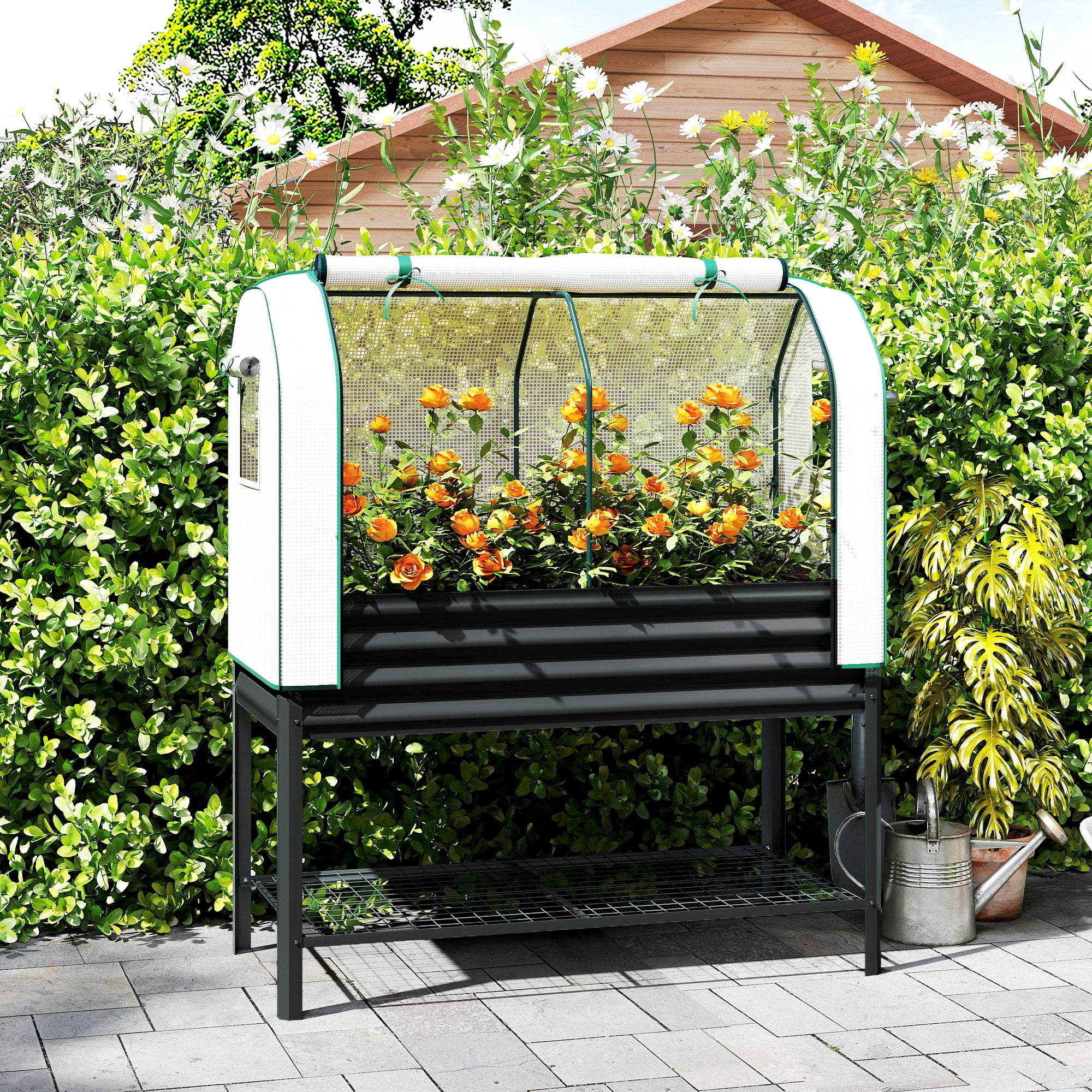 Outsunny Galvanised Raised Garden Bed with Greenhouse Cover, Metal Elevated Garden Bed with Bed Liner and Bottom Shelf, Black