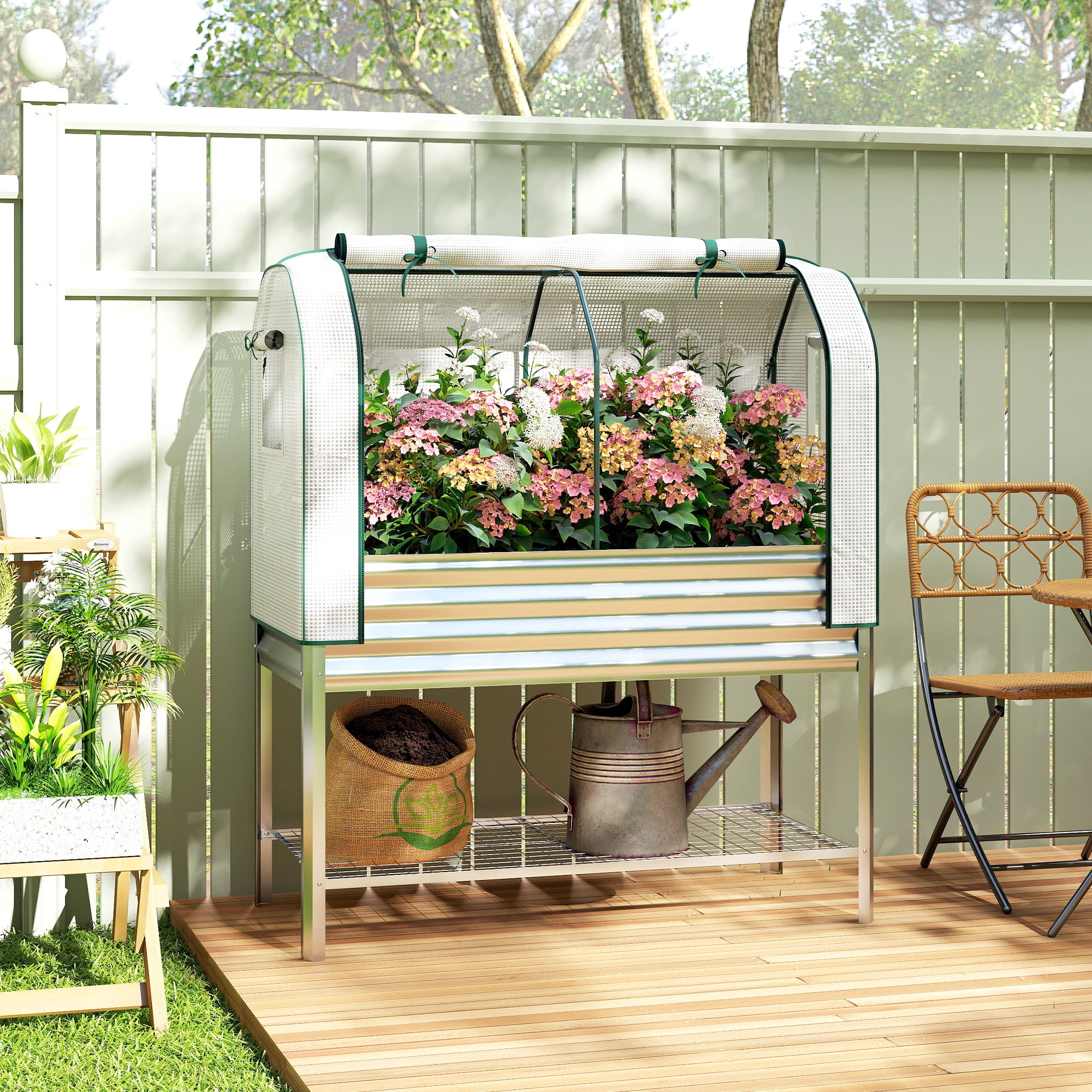 Outsunny Galvanised Raised Garden Bed with Greenhouse Cover, Metal Elevated Garden Bed with Bed Liner and Bottom Shelf, Silver