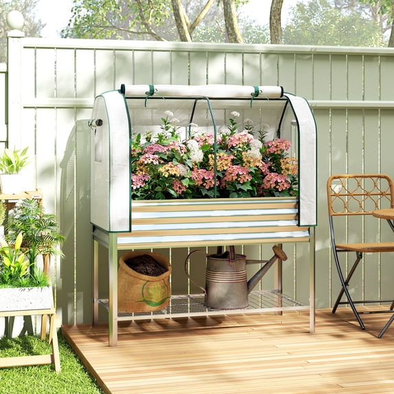 Outsunny Galvanised Raised Garden Bed with Greenhouse Cover, Metal Elevated Garden Bed with Bed Liner and Bottom Shelf, Silver