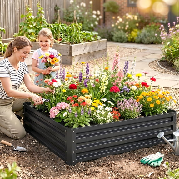 Outsunny 4' x 4' x 1' Galvanized Raised Garden Bed, Planter Raised Bed with Steel Frame for Vegetables, Flowers, Plants and Herbs, Gray
