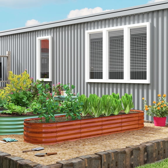 Outsunny Galvanized Raised Garden Bed Kit, Metal Planter Box with Safety Edging, 94.5" x 24.5" x 11.75", Brown