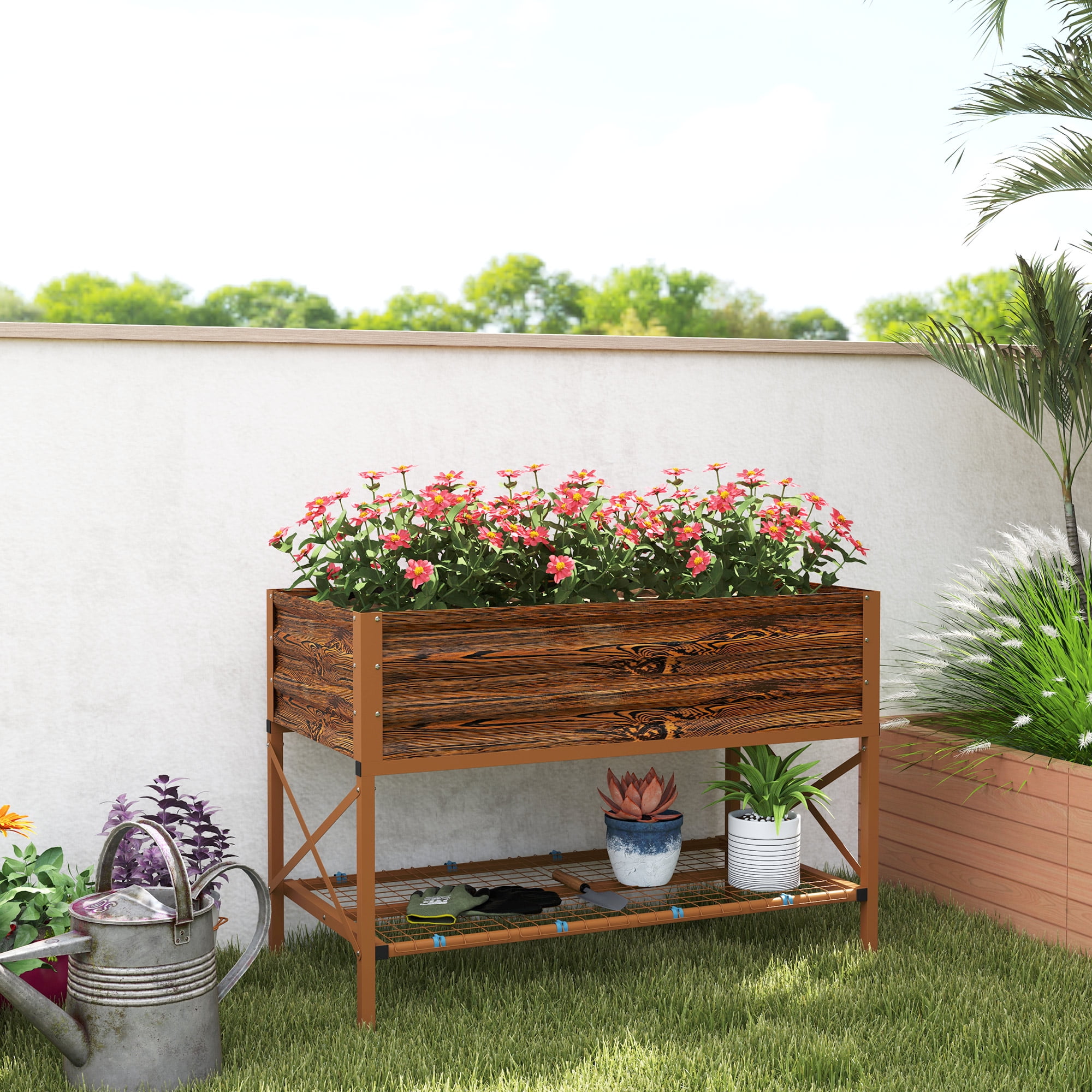 Dark Brown Galvanized Metal Raised Garden Bed with Storage Shelf