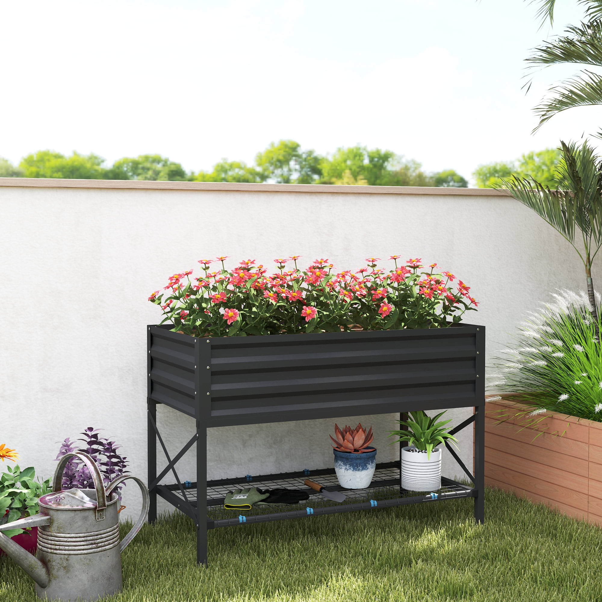 Gray Galvanized Metal Raised Garden Bed with Storage Shelf