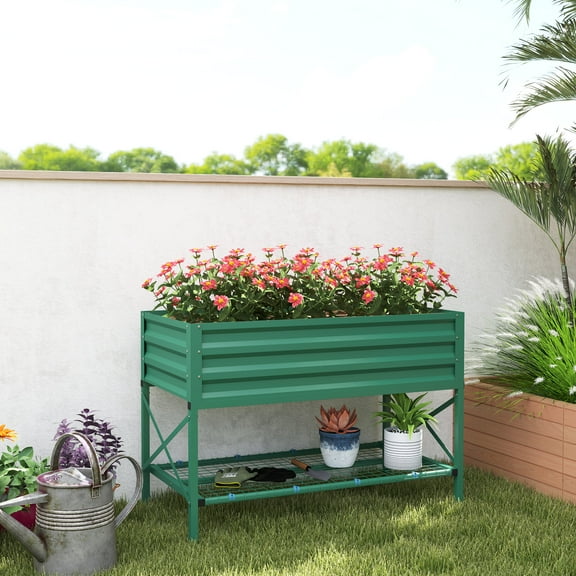 Outsunny Galvanized Raised Garden Bed, Metal Planter Box with Legs, Storage Shelf and Bed Liner, Green