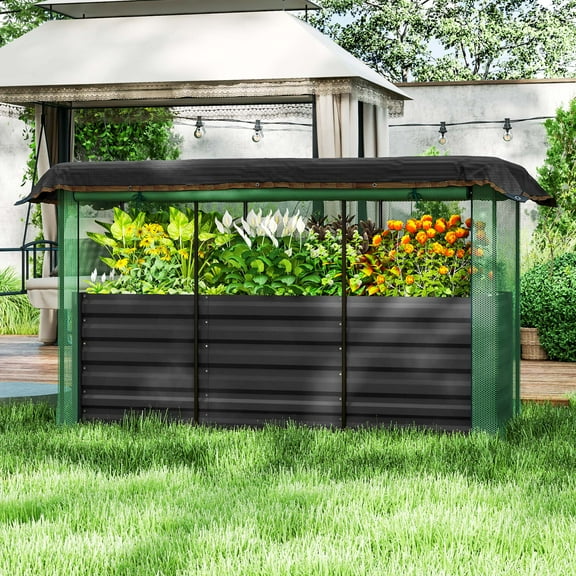 Outsunny Galvanized Raised Garden Bed, Planter Box with Crop Cage and Shade Cloth, Dark Gray