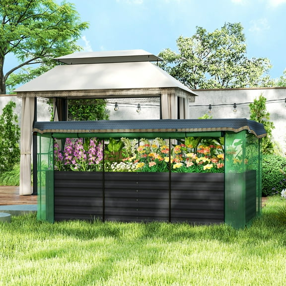 Outsunny Galvanized Raised Garden Bed, Planter Box with Crop Cage and Shade Cloth, Dark Gray