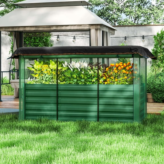 Outsunny Galvanized Raised Garden Bed, Planter Box with Crop Cage and Shade Cloth, Green