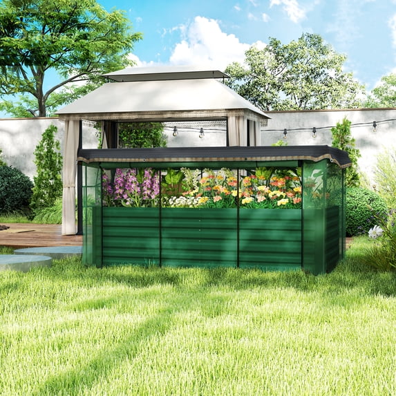 Outsunny Galvanized Raised Garden Bed, Planter Box with Crop Cage and Shade Cloth, Green