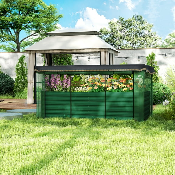 Outsunny Galvanized Raised Garden Bed, Planter Box with Crop Cage and Shade Cloth, Green