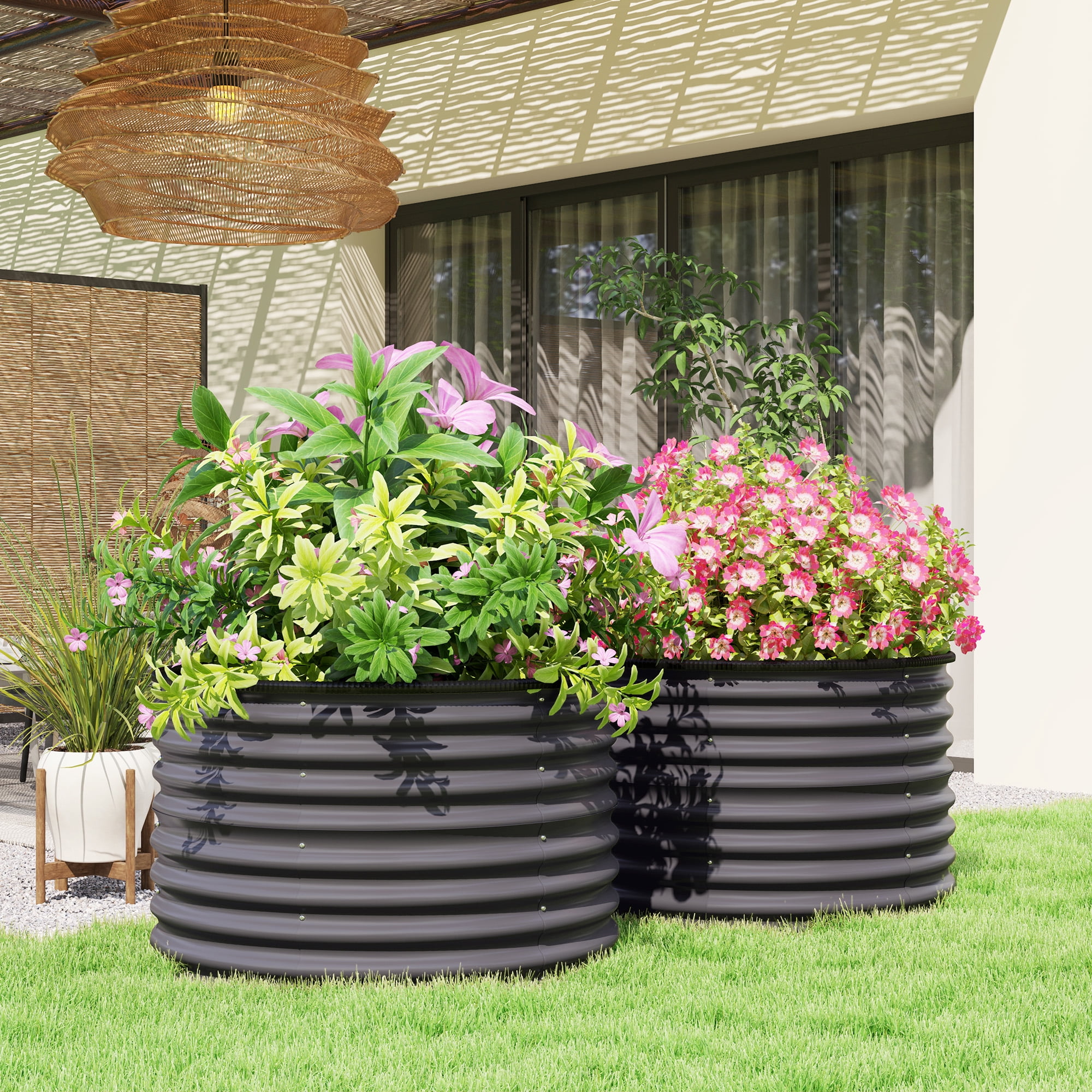 Outsunny Galvanized Raised Garden Bed, Set of 2 Planter Box with Safety Edging, Easy-to-assemble, Dark Gray