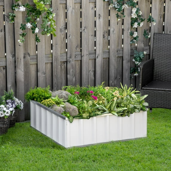 Outsunny Galvanized Raised Garden Bed with Gloves, White