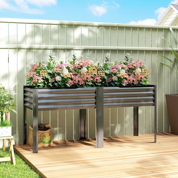 Outsunny Galvanized Raised Garden Bed with Legs, Extra Large Metal Raised Planter Box with Reinforced Bars and Non-Woven Fabric for Vegetable Flower