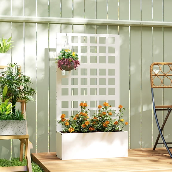 Outsunny Galvanized Raised Garden Bed with Trellis and Drainage Holes for Climbing Plants, Vegetable, Vines, 24" x 9" x 44.5", White