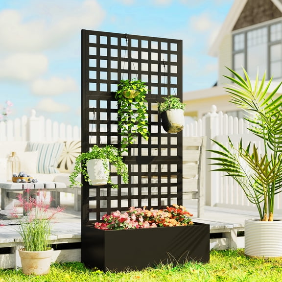 Outsunny Galvanized Raised Garden Bed with Trellis and Drainage Holes for Climbing Plants, Vegetable, Vines, 35" x 16" x 70", Black