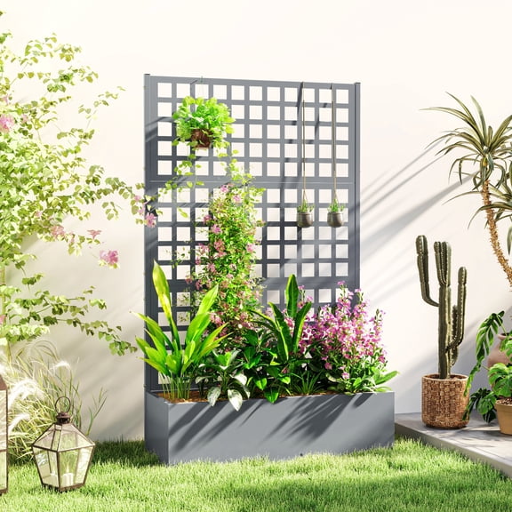 Outsunny Galvanized Raised Garden Bed with Trellis and Drainage Holes for Climbing Plants, Vegetable, Vines, 43" x 16" x 70", Gray