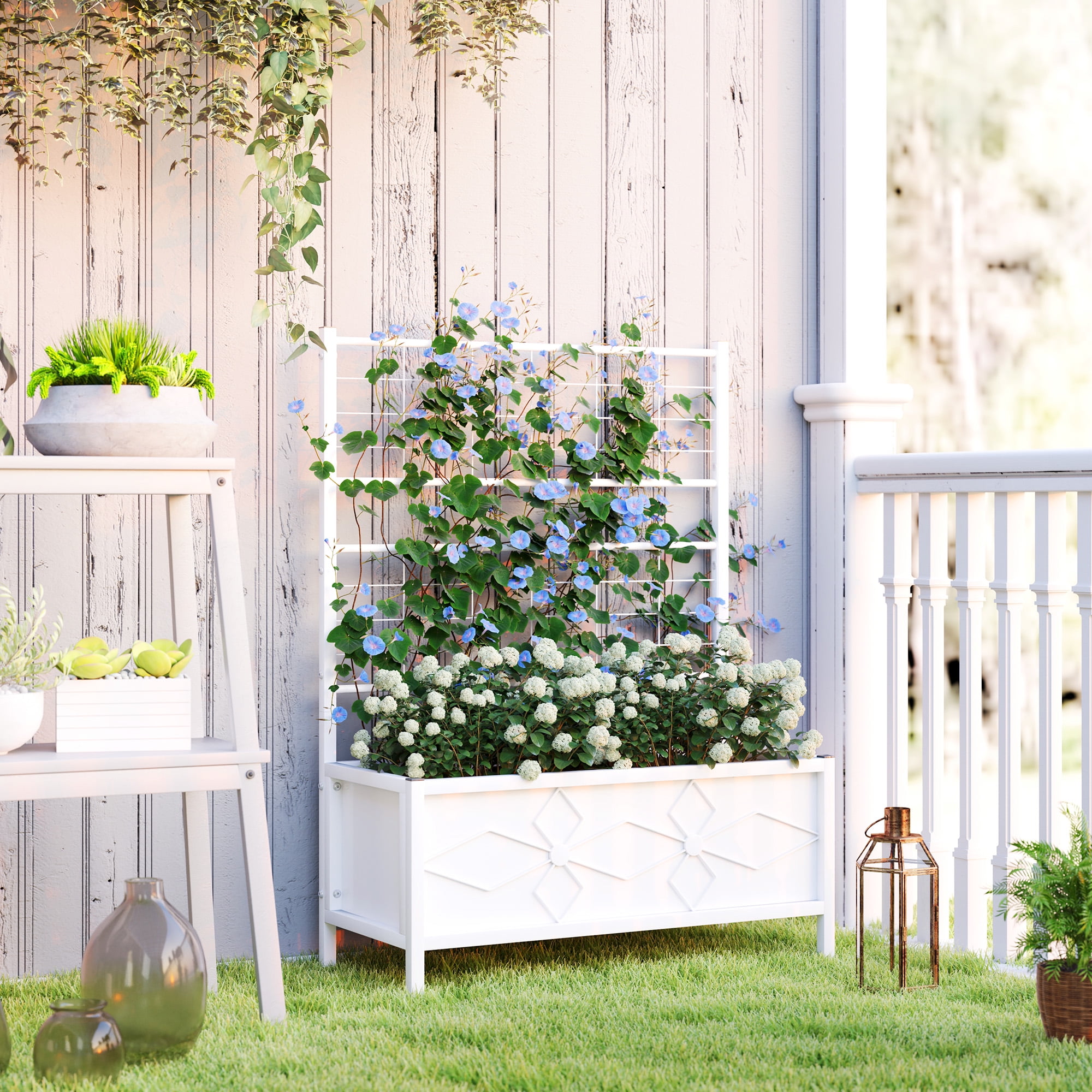 Outsunny Galvanized Raised Garden Bed with Trellis for Climbing Vines  Vegetables Flowers, Outdoor Planter Box, 35.4" x 15.7" x 47.2", White