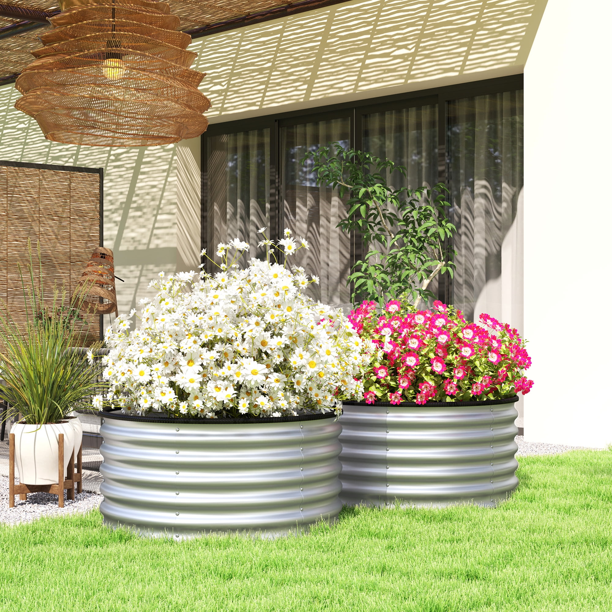 Outsunny Galvanized Raised Garden Beds, Set of 2 Planter Boxes with Safety Edging, Easy-to-Assemble, 3' x 3' x 1.4', Silver