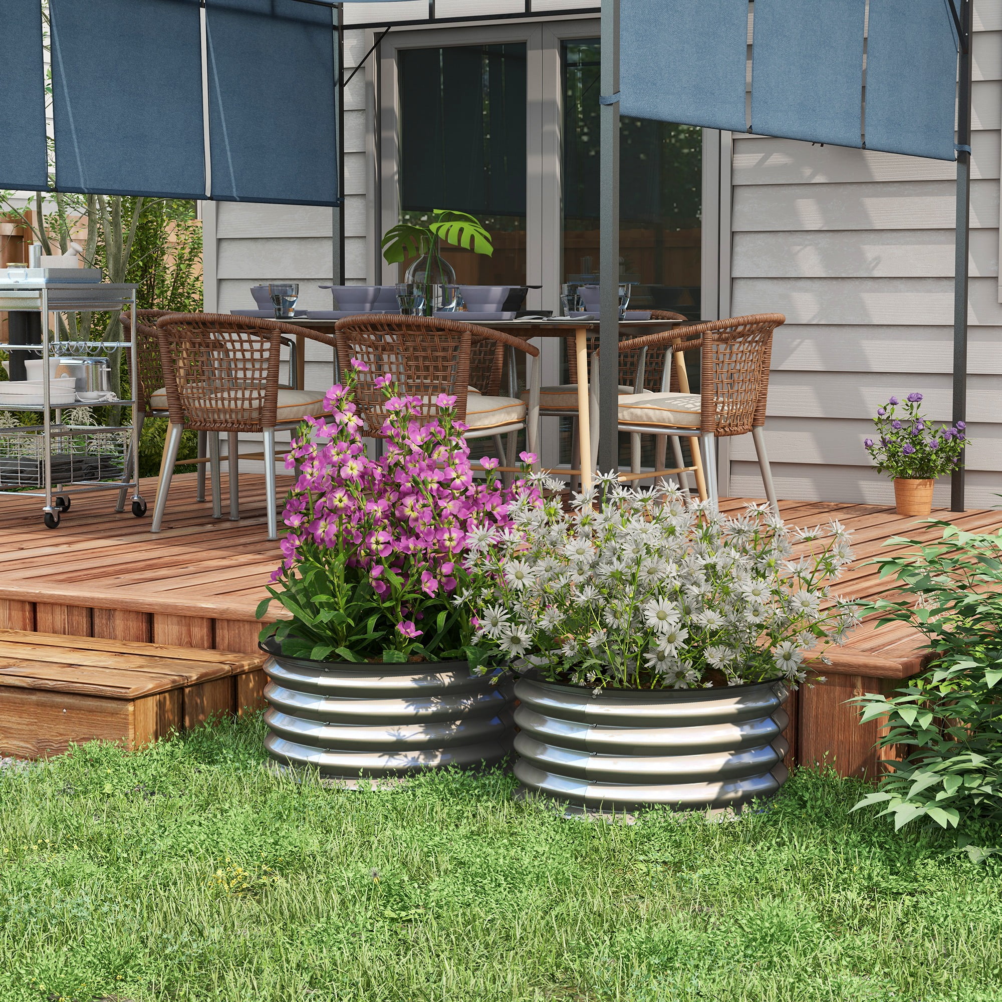 Silver Galvanized Steel Round Raised Garden Beds, Set of 2