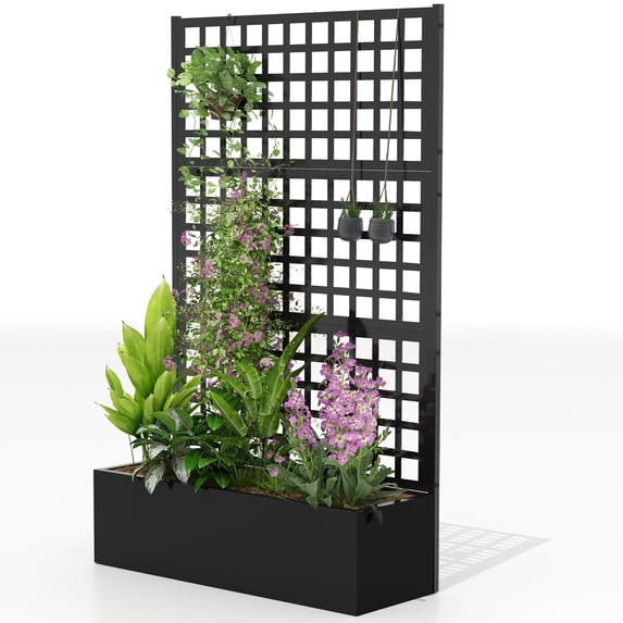Outsunny Galvanized Steel Raised Garden Bed with Trellis, 43.3" x 15.9" x 70.1" Black Metal Planter Box for Vegetables and Climbing Plants, Outdoor Patio Privacy Screen Flower Bed