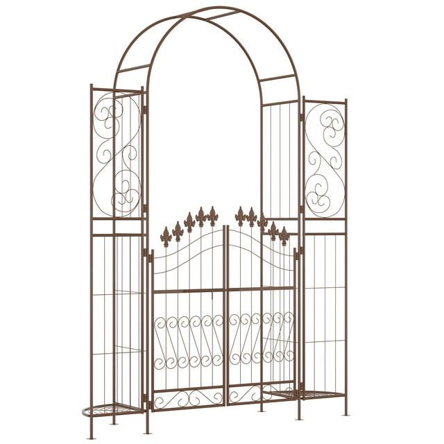 Outsunny Garden Gate Arbor Wedding Arch with Doors Plant Shelves, Brown ...