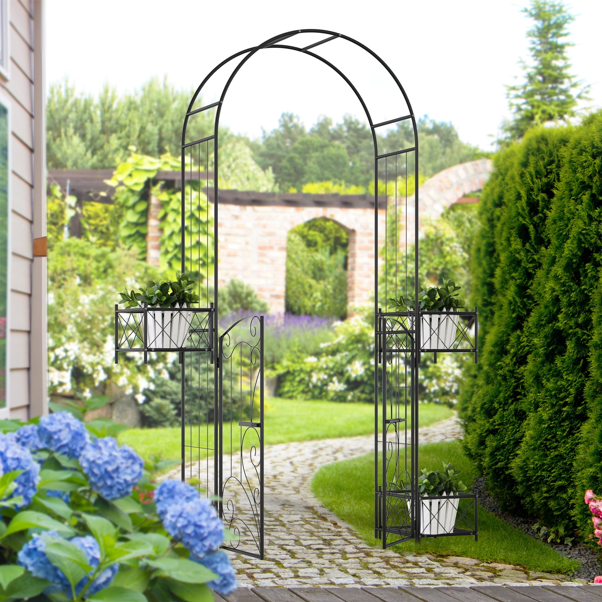 Black Metal Garden Arbor with Scrollwork Hearts and Planter Boxes