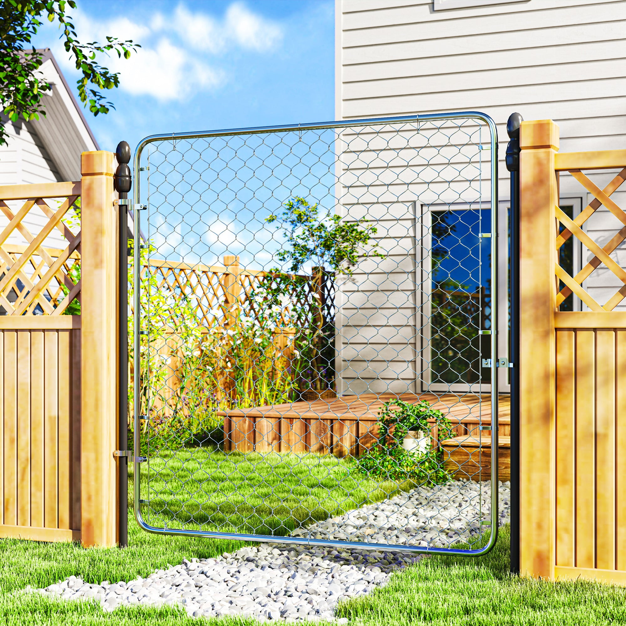 Outsunny Garden Gate Chain Link Fence Gate, Galvanized Steel Garden Door  for Yard Entrance Way, 70.9 x 70.9 in., Silver - Walmart.com, image size:2000x2000