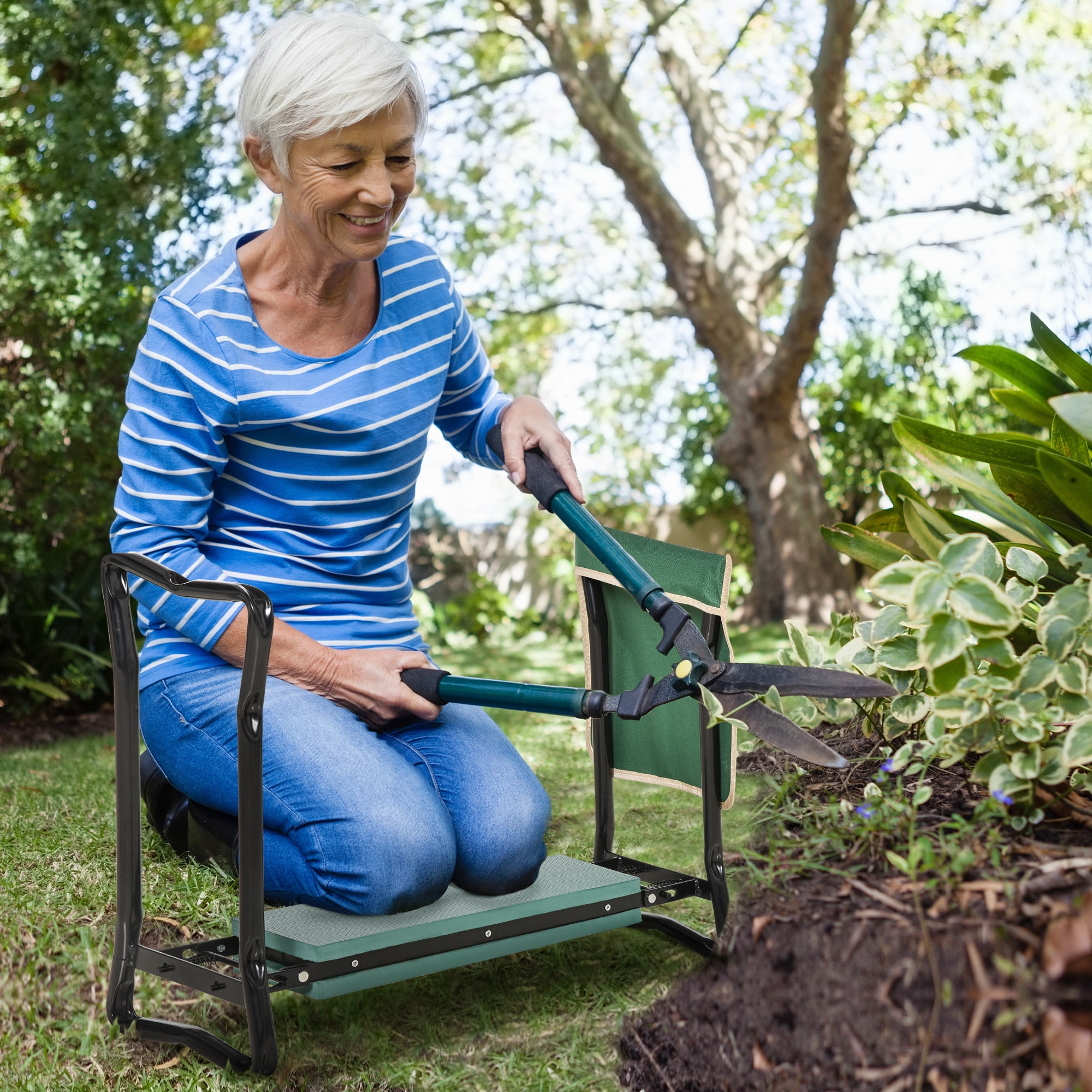 Green and Black Folding Garden Kneeler Seat with Tool Pouch