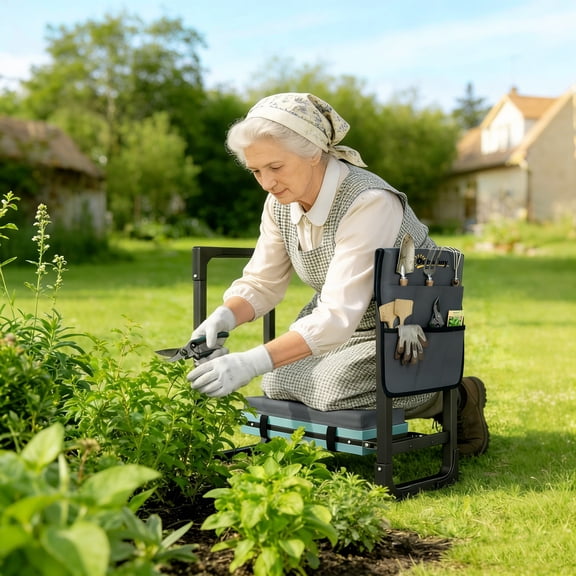 Outsunny Garden Kneeler and Seat, 330lbs Heavy Duty Foldable Gardening Stool with Thicker Soft Kneeling Pad, Extendable Steel Leg, Large Tool Pouch