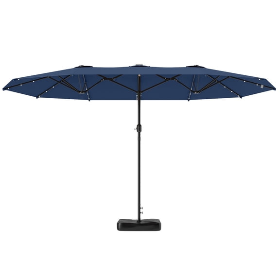 Outsunny Garden Parasol 14.4ft Double-Sided Sun Umbrella with Base Patio Parasol with LED Solar Lights Navy Blue