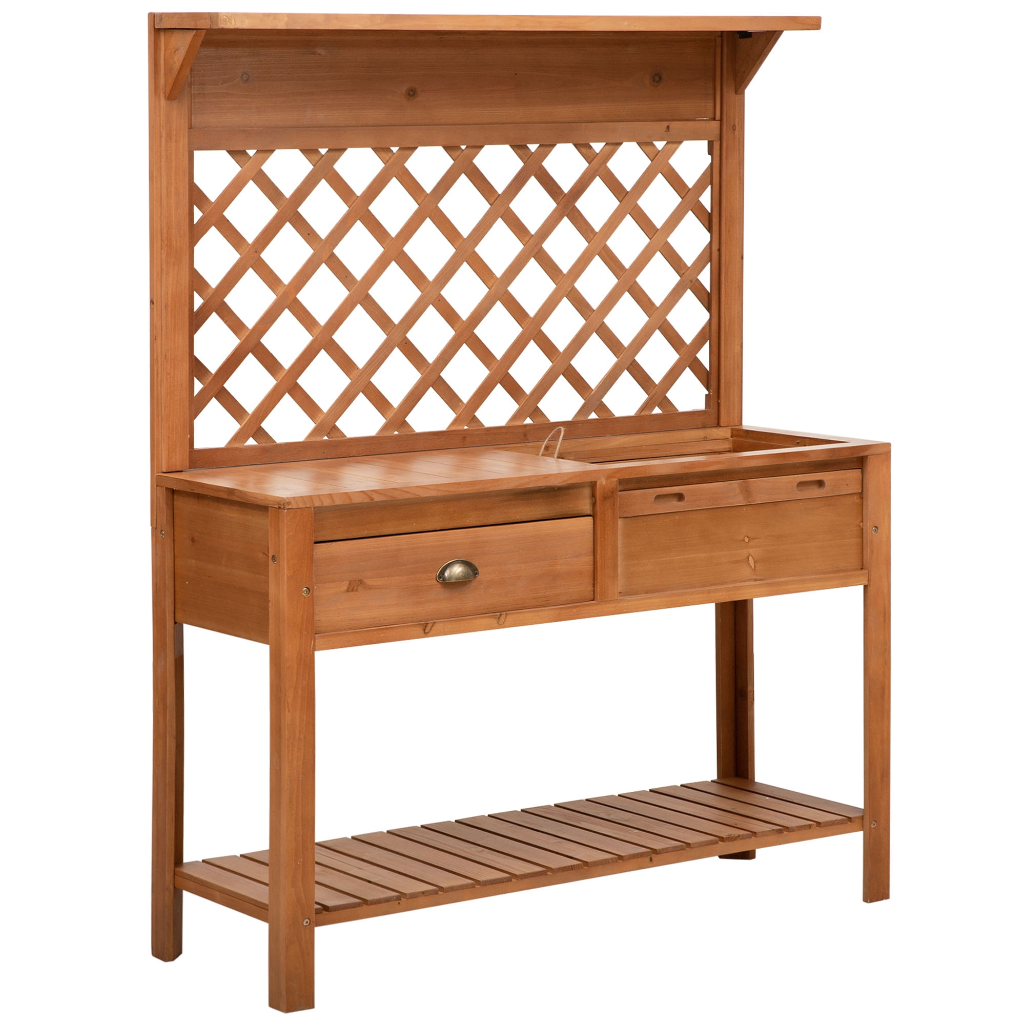 Natural Solid Wood Outdoor Potting Bench with Metal Screen and Storage
