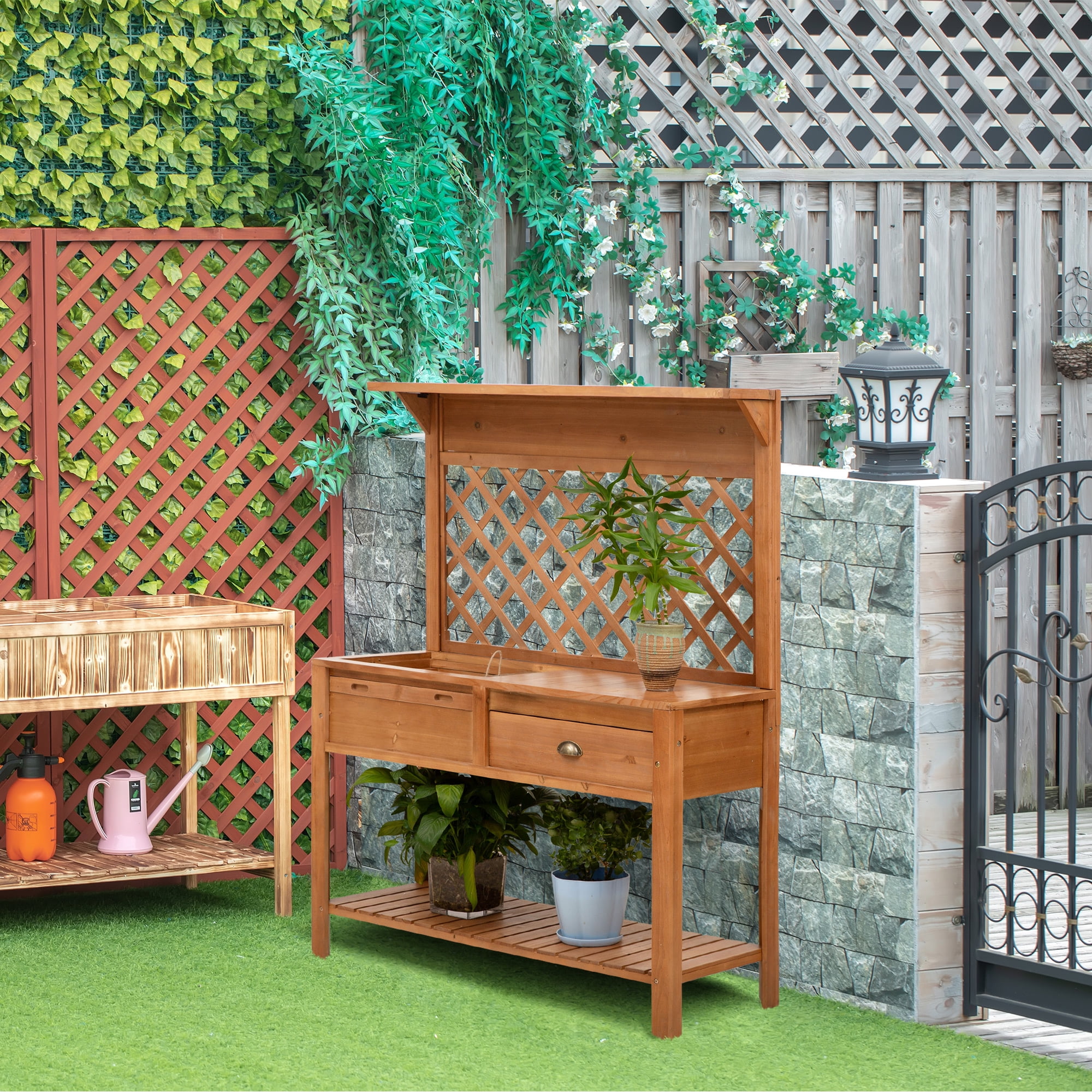 Natural Solid Wood Outdoor Potting Bench with Metal Screen and Storage